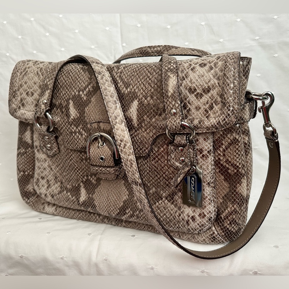 Coach Snake-Print Shoulder Bag in Taupe and Brown